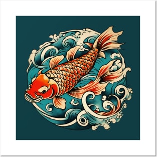 Ocean Waves Vintage Japanese Tattoo Art Koi Fish Posters and Art